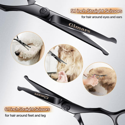 4CR Stainless Steel Safety round Tip 6 in 1 Professional Dog Grooming Scissors Kit, Heavy Duty Titanium Coated Straight & Thinning & Curved Shears & Comb Set for Dog & Cat Grooming