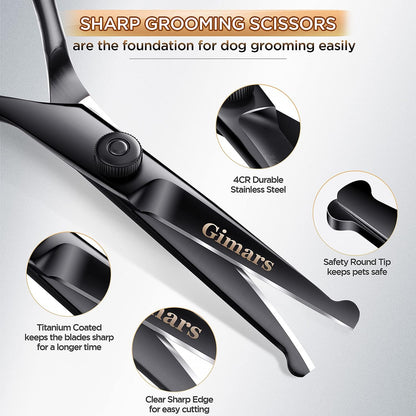 4CR Stainless Steel Safety round Tip 6 in 1 Professional Dog Grooming Scissors Kit, Heavy Duty Titanium Coated Straight & Thinning & Curved Shears & Comb Set for Dog & Cat Grooming